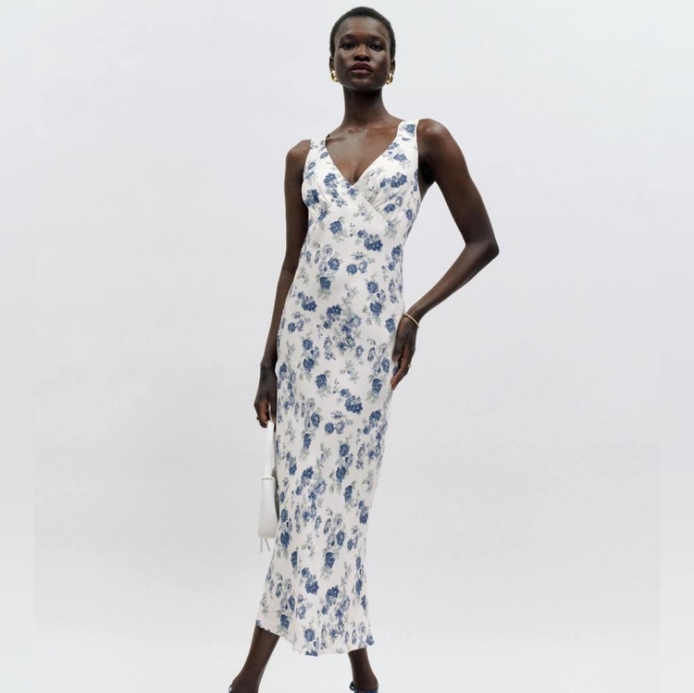 Reformation White Floral Midi Dress with Blue Print